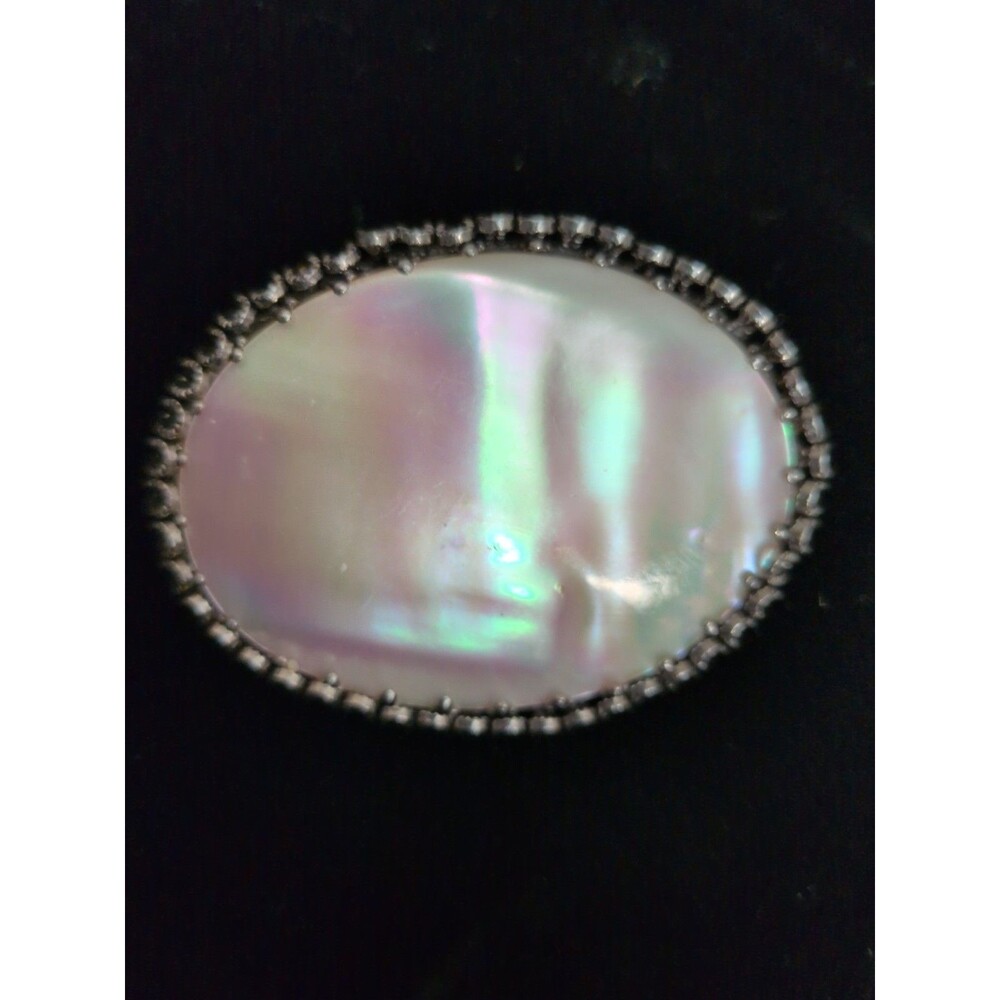 Vtg Post WW2 Large Mother of Pearl & Silver-tone W German Brooch Filagree Trim
